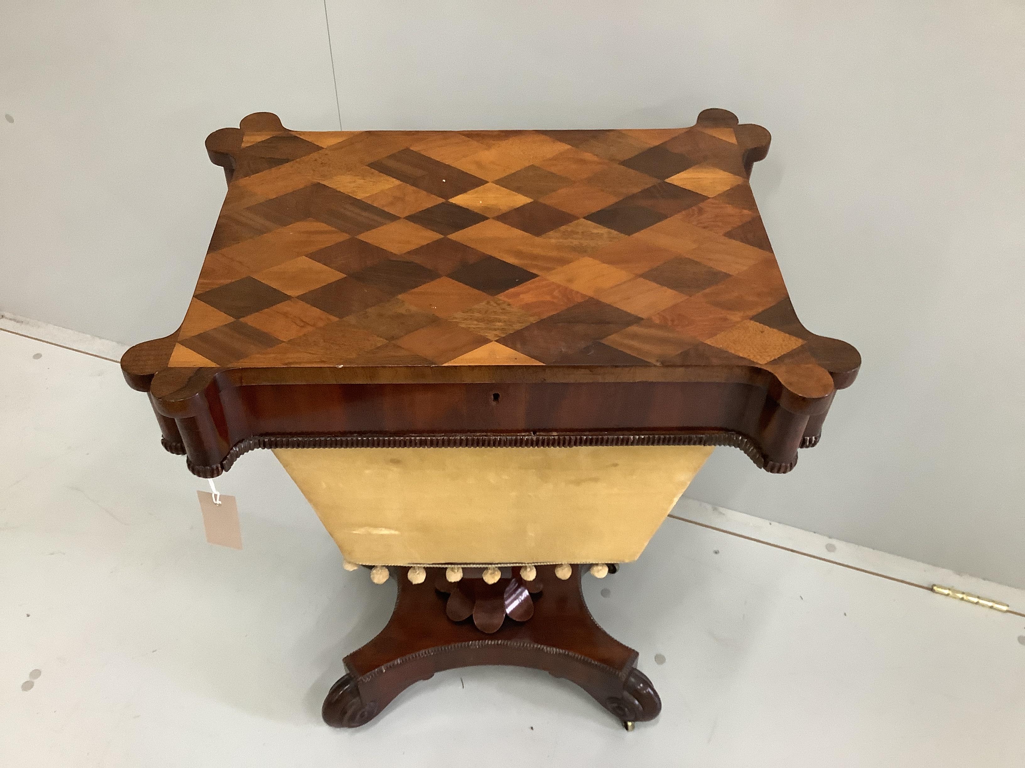 An early Victorian parquetry inlaid mahogany work table with specimen top, width 59cm, depth 43cm, height 72cm